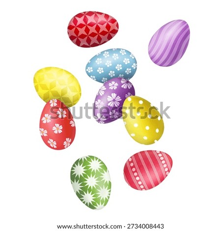 Easter eggs decorated for holiday falling on white background