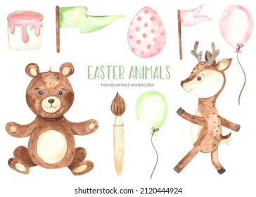 Easter eggs, deer, bear, balloons, flags, paint, brush Easter animals watercolor set 