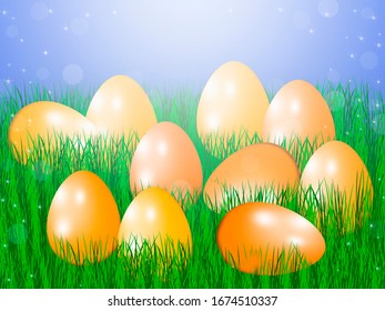 Easter eggs in the grass on a blue background
