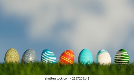 Easter Eggs In Green Grass on a Blue Sky, 3d rendering - Powered by Shutterstock