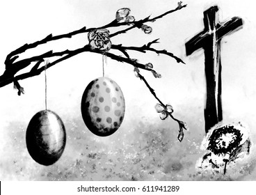 Easter eggs hanging from spring tree in blossom  an empty cross  crown thorns and nails  Religious Easter background  Artistic digital painting in watercolor style  made without reference image 
