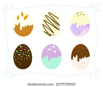 Easter eggs. Happy Easter. Springtime chocolate eggs set. Festive candies with sprinkles. April garden chocolate eggs collection. Carrot cake, sugar sprinkles, marbled and cream. Spring delights.