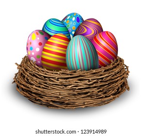 Easter eggs nest holiday symbol decoration with seven multi colored festive spring ovals in a bird nest for celebration of a religious and traditional cultural event and an egg hunt on white. - Powered by Shutterstock