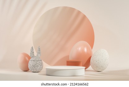 Easter eggs podium and 3d render vector in pastel pink   beige scene background  Easter day and geometry platform for product stand to show cosmetic products  Stage showcase pedestal display 