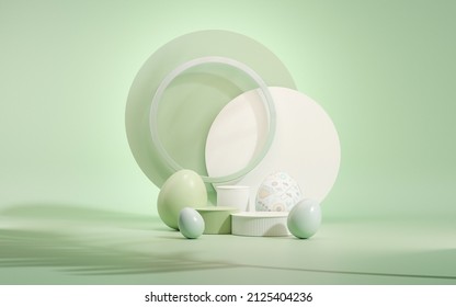 Easter Eggs Podium With 3d Render Vector In Pastel Blue And Green Background. Easter Day With Geometry Platform For Product. Stand To Show Cosmetic Products. Stage Showcase On Pedestal Display.
