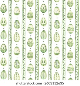 Easter eggs seamless pattern. Hand drawn watercolor print. Monochrome green design. Fresh Easter seamless tile for festive textile, fabric, packaging