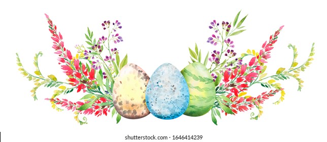 Easter floral composition with red and yellow flowers and eggs. Flower bouquet, watercolor illustration. Happy Easter card