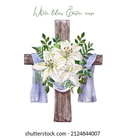 Easter Floral Cross Illustration. Watercolor Rustic Wooden Cross Wreath And Beautiful White Lily Flowers Arrangement With Green Leaves. Holiday Decor, Card Design.