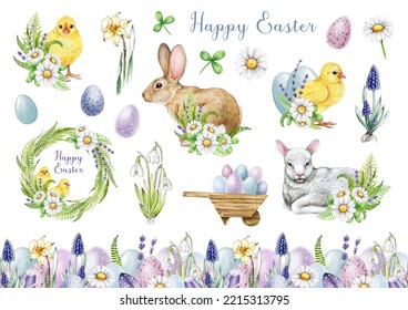 Easter flower festive traditional decor element set. Watercolor illustration. Hand bunny, chicks, eggs, lamb, spring garden flowers, seamless border elements. Easter decoration set - Powered by Shutterstock