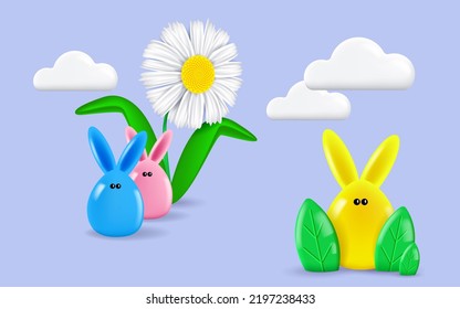 Easter greeting card with 3d color bunnies. Funny rabbits and giant chamomile - Powered by Shutterstock