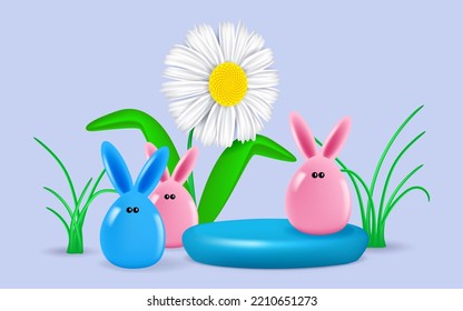 Easter greeting card with 3d color bunnies. Rabbits and giant chamomile - Powered by Shutterstock