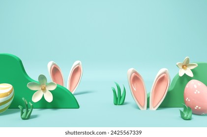 Easter holiday theme with decorations and rabbit ears - 3d render
