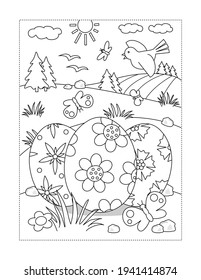 Easter Holiday Themed Coloring Page With 3 Painted Eggs In Rural Scene
