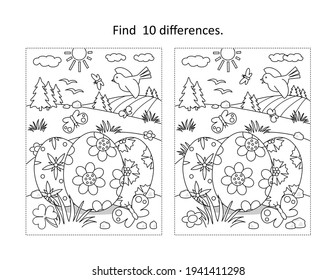 Easter holiday themed find the ten differences picture puzzle and coloring page with 3 painted eggs in rural scene
