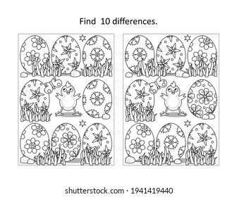 Easter holiday themed find the ten differences picture puzzle and coloring page with chick and painted eggs
 - Powered by Shutterstock