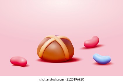 Easter Hot Cross Bun And Jellybeans Isolated On Pink Background. Classic Food For Easter Holiday