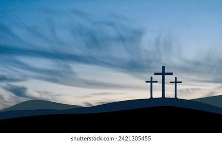 Easter illustration with three crosses on hill and blue sky at dusk. - Powered by Shutterstock