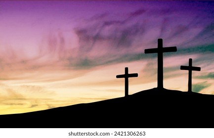 Easter illustration with three crosses on hill and blue sky at dusk.