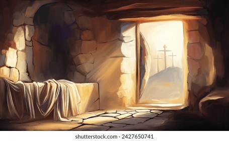 Easter Jesus Christ rose from the dead. Sunday morning. Dawn. The empty tomb in the background of the crucifixion. Happy easter. Christian symbol of faith, art illustration painted oil style - Powered by Shutterstock