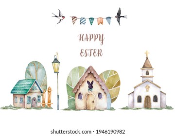 Easter landcity Church, bunny house Hand drawn watercolor isolated illustration for easter, wedding, greeting card