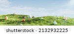 Easter landscape, bunnies with colorful eggs and daisy flower on meadow under beautiful sky. 3d rendering