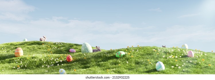 Easter landscape, bunnies with colorful eggs and daisy flower on meadow under beautiful sky. 3d rendering