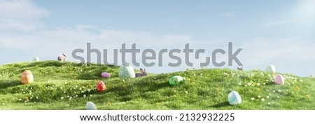 Easter landscape, bunnies with colorful eggs and daisy flower on meadow under beautiful sky. 3d rendering Сток-фото © 