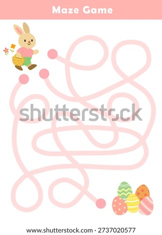 Easter maze activity sheet for children. Cute maze for kids. Kids labyrinth puzzle. Maze puzzle game for children with cute rabbit and eggs illustration.