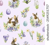 Easter mood festive seamless pattern in vintage style with cute bunnies, pastel colored eggs and primrose floral bouquets. Perfect for spring decor, gift wrap, holiday designs. Lavender background