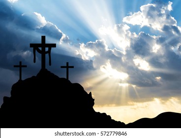 Easter morning, Calvary hill with silhouettes of the cross, Resurrection background with sun rays, abstract background with copy space for text