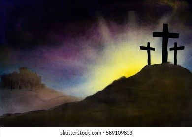 Easter morning - resurrection dawn with Calvary hill and three crosses. Abstract artistic pastel style illustration.