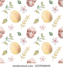 Easter painted eggs with bows, green branches and flowers seamless pattern watercolor illustration  - Powered by Shutterstock