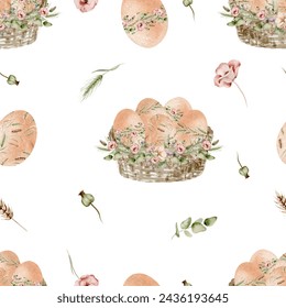 Easter pattern. Watercolour eggs on a white background. Spring holiday symbol of family. Textile Easter egg ornament. Abstract seamless background.