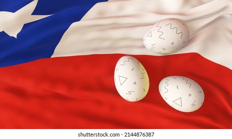 Easter poster and banner. Easter  Chile. Еggs on the flag Chile background. 3D work and 3D image. copy space