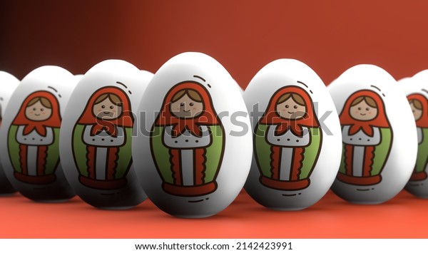 Easter poster and banner, Happy Easter Russia. Eggs\
with various national drawing Matryoshka. 3D work and 3D image.\
copy space