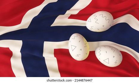 Easter poster and banner. Easter Norway. Еggs on the flag Norway background. 3D work and 3D image. copy space