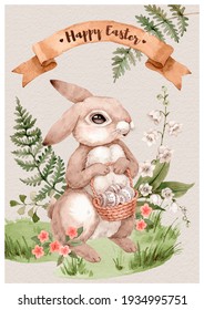 Easter Rabbit Poster. Watercolor Happy Easter Card Illustration. Cute Bunny With Basket Easter Egg In The Forest. Pink Flowers, Lily Of The Valley And Ferns Branches. Hand Drawn, Vintage Ribbon.