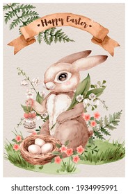 Easter Rabbit Poster. Watercolor Happy Easter Card Illustration. Cute Baby Bunny With Nest Egg, And Lily Of Valley Flowers In The Forest. Pink Flowers And Ferns Branches. Hand Drawn, Vintage Ribbon.