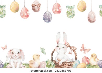 Easter rabbits in wicker basket, chickens, hanging painted eggs and butterflies hand drawn watercolor holiday illustration isolated on white background. Seamless border template for children design - Powered by Shutterstock