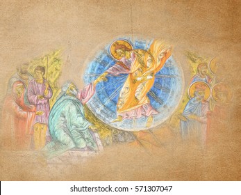 Easter Resurrection Abstract Artistic Religious Background Of Risen Lord Jesus Christ Pulling Adam And Eve, Byzantine Tradition