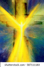 Easter Resurrection - Abstract Artistic Religious Digital Illustration With The Figure Of The Risen Jesus Christ And The Cross Of Light Rays