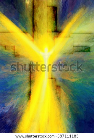 Easter resurrection - abstract artistic religious digital illustration with the figure of the risen jesus Christ and the cross of light rays