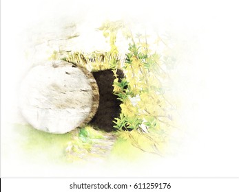 Easter resurrection - empty tomb in a rock in the garden. Abstract artistic religious illustration in watercolor style.