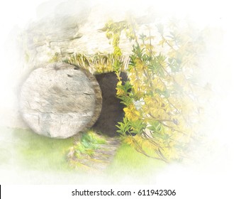 Easter Resurrection - Empty Tomb In A Rock In The Garden. Abstract Artistic Religious Illustration In Watercolor Style.