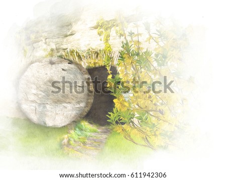 Easter resurrection - empty tomb in a rock in the garden. Abstract artistic religious illustration in watercolor style. Stock photo © 