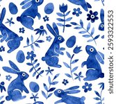 easter seamless pattern with abstract easter bunnies and flowers. blue watercolor