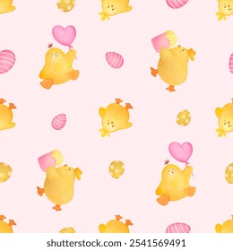 Easter seamless pattern with Baby chicks, cute funny animals. spring watercolor hand drawn illustration of yellow chicken. print for packaging paper, fabrics, wrapping gifts, scrapbooking wallpaper - Powered by Shutterstock