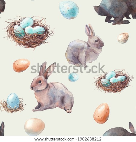 Easter seamless pattern with bunny and eggs nest. Watercolor holiday repeating design