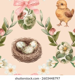 Easter seamless pattern with cute chick and nest on the cream background. Hand drawn watercolor grid design in vintage style. Flower print ideal for wallpaper. Perfect for holiday fabric and paper.