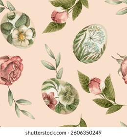 Easter seamless pattern with egg and rose flower on the cream background. Hand drawn watercolor design in vintage style. Cute nature print idel for wallpaper. Perfect for holiday fabric and paper.